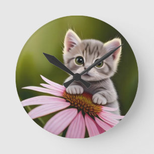Horloge Ronde Petit chat gris mignon floral