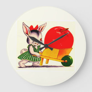 Horloge Ronde petit lapin poussant chariot avec grande grande po