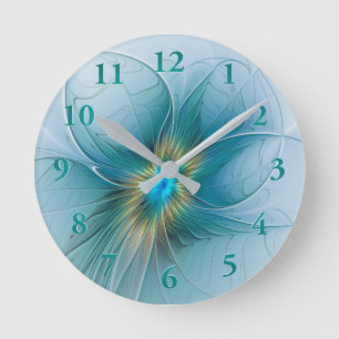 Horloge Ronde Petite Beauté Moderne Fleur d'Art Fractal Bleu Or