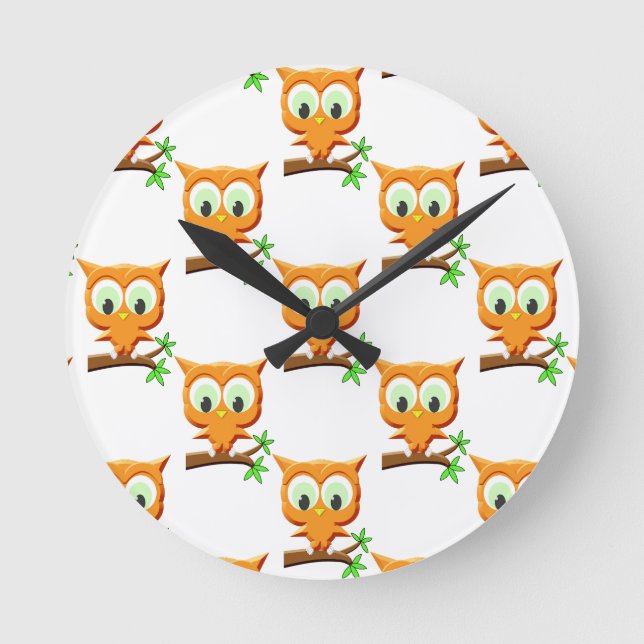 Horloge Ronde Petite Chouette en dessin sur Motif de branche (Recto)