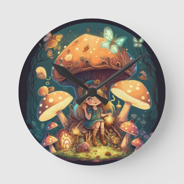 Horloge Ronde Petite elve de fille parmi les champignons (Recto)