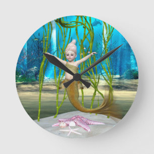 Horloge Ronde Petite Sirène Fantaisie Fille, Océan Bleu