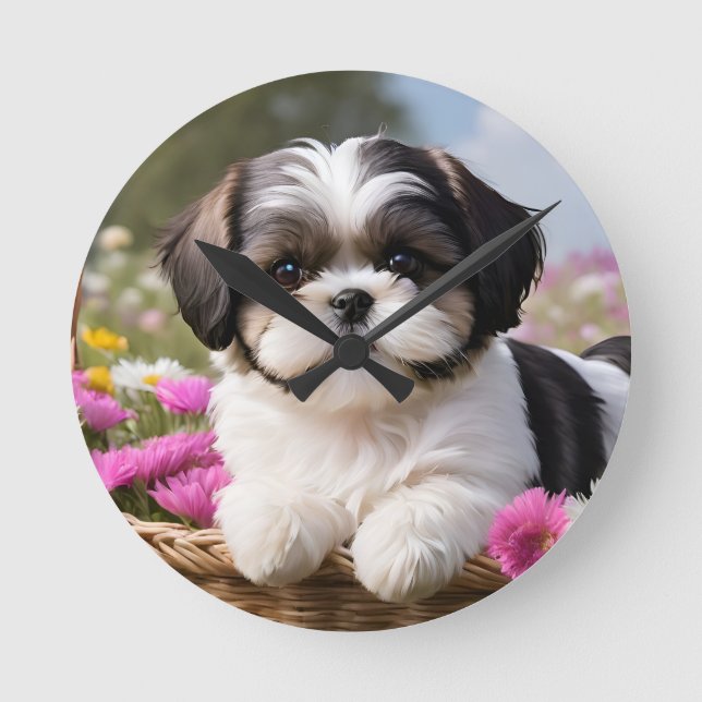 Horloge Ronde Petite Tzu Chiot Panier Fleurs (Recto)