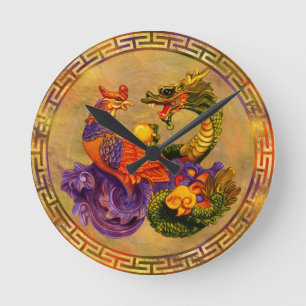 Horloge Ronde Phoenix et Dragon - couleur et or