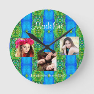 Horloge Ronde Photo Collage texte personnalisé modèle thème paon