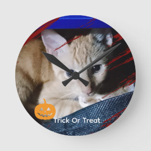 Horloge Ronde Photo de chat Halloween Texte Personnaliser