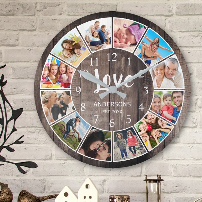 Horloge Ronde Photo de Custom Collage Rustic Farmhouse Love Fami (Créateur téléchargé)