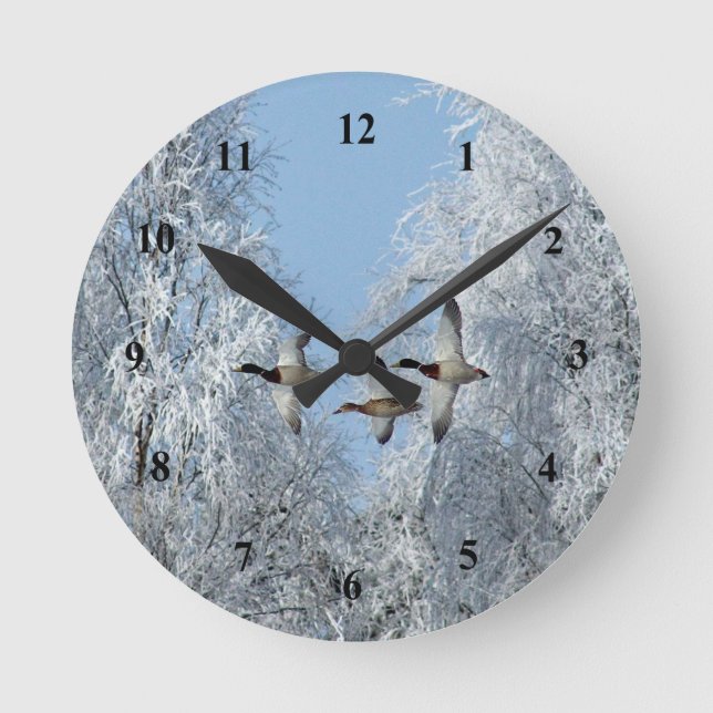 Horloge Ronde Photo de Mallard Duck Flying Snow (Recto)