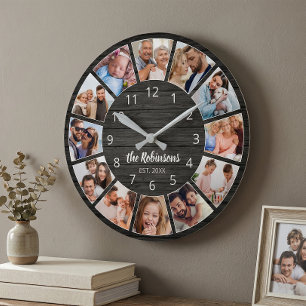 Horloge Ronde Photo personnelle de Collage Black Wood Family