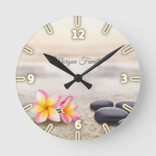 Horloge Ronde Pierres Zen, Fleurs, Spiritualité d'Or