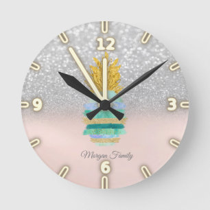 Horloge Ronde Pineapple Green Glitter Silver Glitter Bokeh 