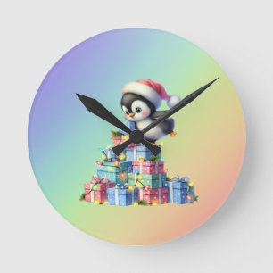 Horloge Ronde Pingouin de Noël mignon avec carte cadeau et lumiè