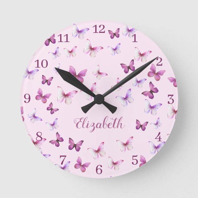 Horloge Ronde Pink Butterflies Pattern Custom Name (Recto)