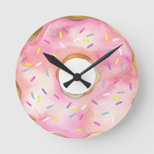 Horloge Ronde Pink Donut Watercolor Doughnut Cute Sprinkles