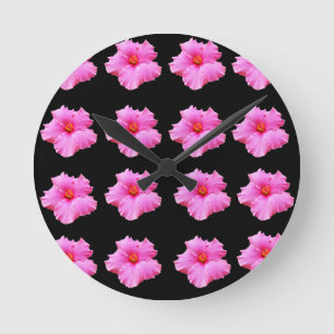Horloge Ronde Pink Hibiscus Flowers On Black,