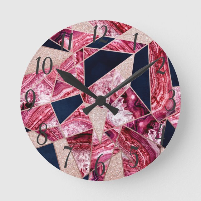 Horloge Ronde Pink Navy Glitter Agate Foil Geometric Triangles (Recto)