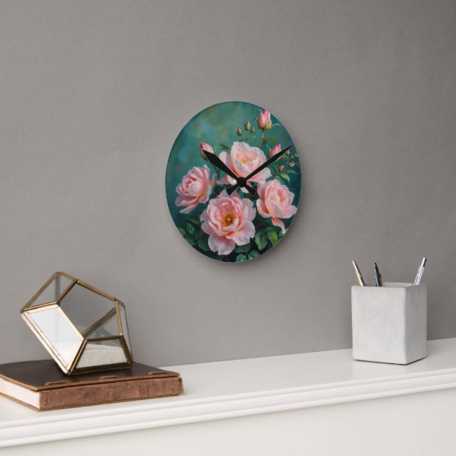 Horloge Ronde Pink Peonies Artwork on Emerald Green (Bureau)
