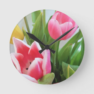 Horloge Ronde Pink Tulips, Floral Spring Bouquet, Flowers