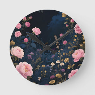 Horloge Ronde Pivoine Rose Jardin de Minuit en Fleur