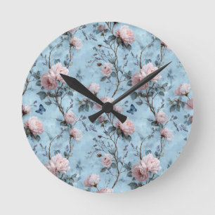 Horloge Ronde Pivoines de printemps vintage sur fond bleu