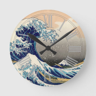 Horloge Ronde PixDezines Vintage Great Wave Hokusai 斎 の 葛’飾