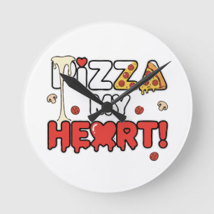 Horloge Ronde Pizza Mignonne Mon Cœur Jeu de Mots Drôle pour les