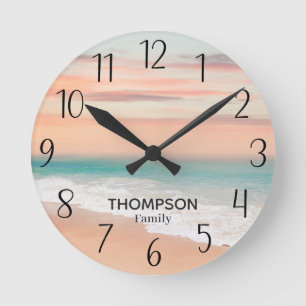 Horloge Ronde Plage moderne Ocean Blue Orange Sky