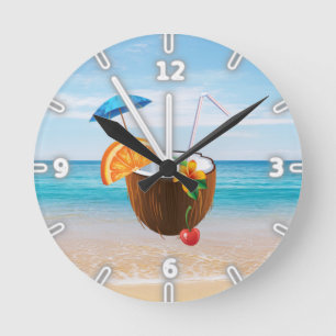 Horloge Ronde Plage Tropicale,Ciel Bleu,Sable de l'Océan,Cocktai