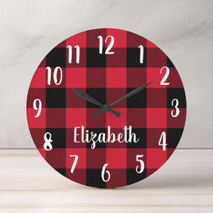 Horloge Ronde Plaid Buffalo personnalisé rouge et noir