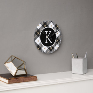 Horloge Ronde Plaid personnalisé noir blanc or