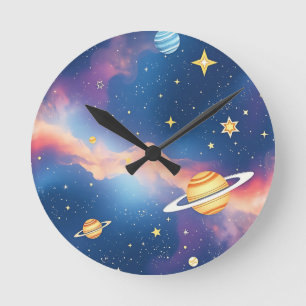 Horloge Ronde Planètes étoiles motif galaxie rêveuse