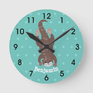 Horloge Ronde Plongée de loutre mignonne sur dessin animé turquo