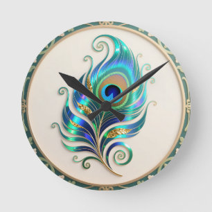 Horloge Ronde Plume de paon iridescent Art Nouveau