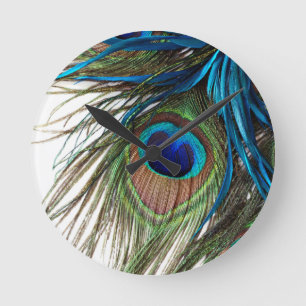 Horloge Ronde Plume exotique pourpre de paon de vert bleu