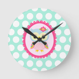 Horloge Ronde Pois rose Girly d'Aqua de fleur et d'arc-en-ciel