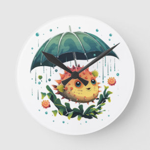 Horloge Ronde Poisson ballon journée pluvieuse avec parapluie