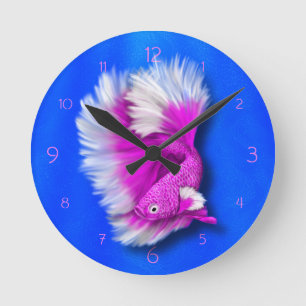 Horloge Ronde Poisson combattant siamois blanc et rose vif