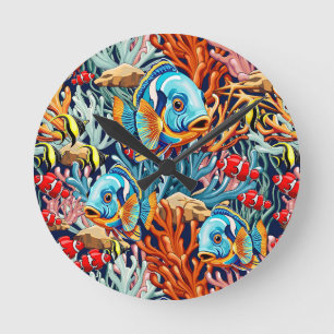 Horloge Ronde Poissons Tropicaux Couleurs Vives Vibes d'Été