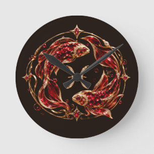 Horloge Ronde Poissons Zodiaque Rouge Luxe