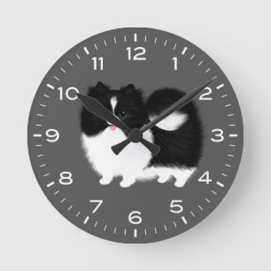Horloge Ronde Pom Poméranien noir et blanc