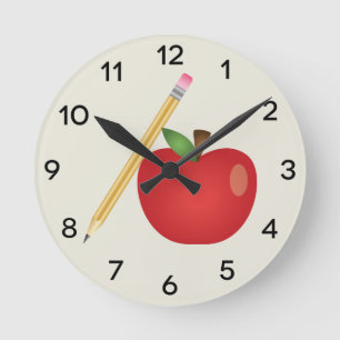 Horloge Ronde Pomme de dessin animé rouge et crayon jaune