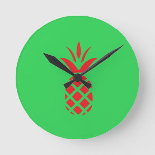 Horloge Ronde Pomme de pin rouge en vert