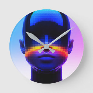 Horloge Ronde Portrait d'art futuriste Pixel - Abstrait numériqu
