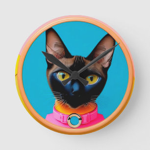 Horloge Ronde Portrait de chat stylisé avec des couleurs vives