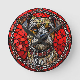 Horloge Ronde Portrait de chien artistique en vitrail d'art
