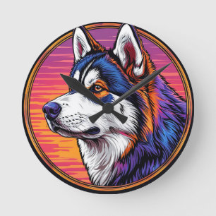 Horloge Ronde Portrait de chien avec fond inspiré de la mosaïque