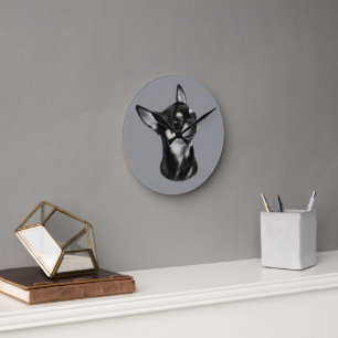 Horloge Ronde Portrait de Chihuahua peint à la main - Décoration