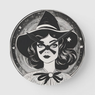 Horloge Ronde Portrait de sorcière vintage noir et blanc rétro