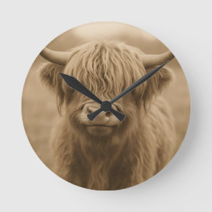 Horloge Ronde Portrait sépia de vache des Highlands