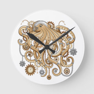 Horloge Ronde Poulpe Steampunk Rétro Fantastique Mécanique